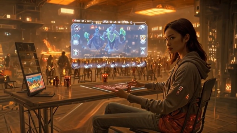 An engineer studies holographic colony schematics in Port Hope