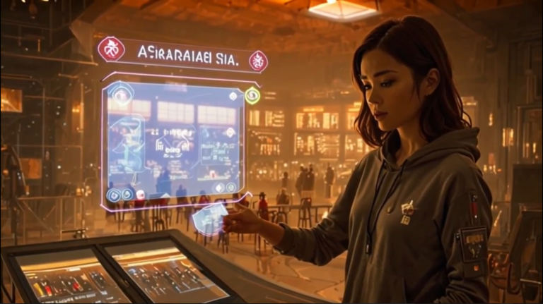 A colonist reviews a holographic Republic of Mars display