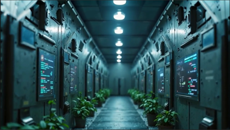 Hydroponic corridor lined with plants inside the Mars colony