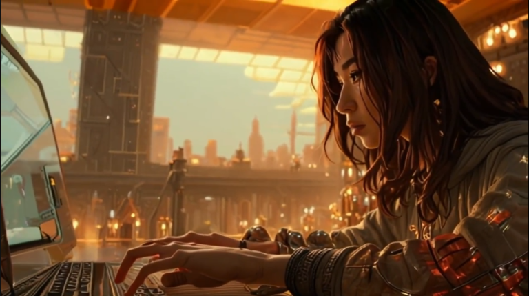 A colonist types at a terminal overlooking the Martian city